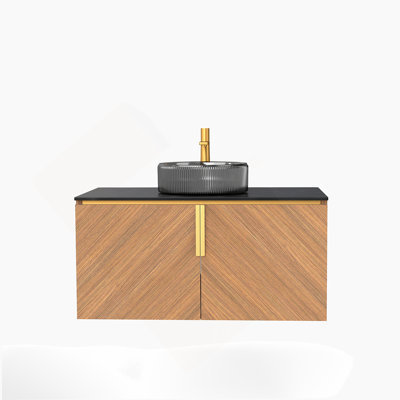 Meuble-lavabo de salle de bain 36 po ARAI, armoire de rangement murale moderne en contreplaqué avec portes doubles, lavabo rond en verre noir transparent et comptoir en pierre frittée noire, couleur grain de bois chêne brun