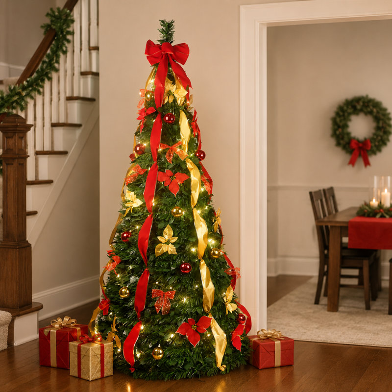 Sapins de Noël pliables préilluminés avec rangement, 2,3 m (7,5 pi) en métal et PVC, style moderne pour la maison