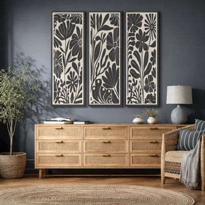 Abstract Botanical «Mid-Century Modern Boho Floral Artwork dessus du canapé, audacieuses photos de salon en noir et blanc, art numérique encadré sur toile 3 pièces
