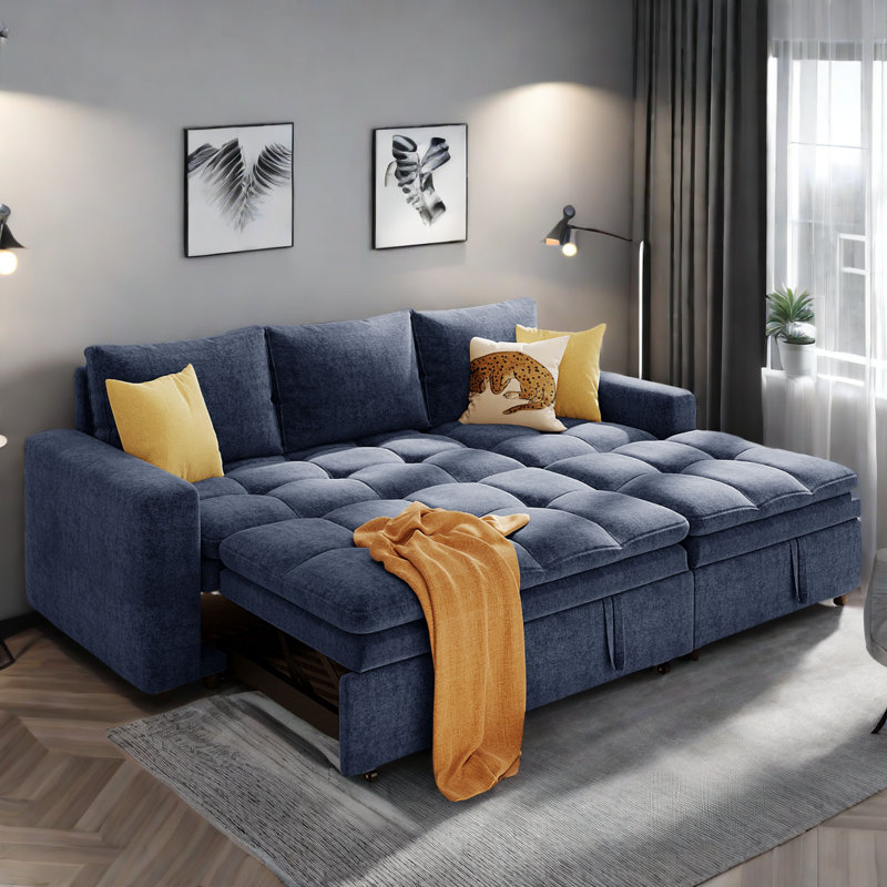 Upholstered Sleeper Sofa, Blue Polyester 