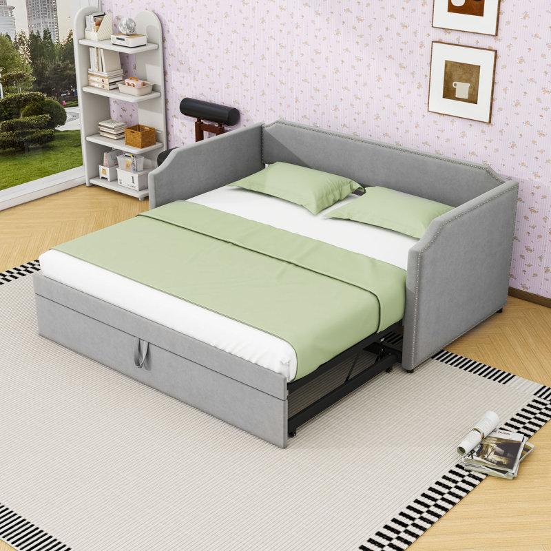 Upholstered Daybed with Trundle, Gray