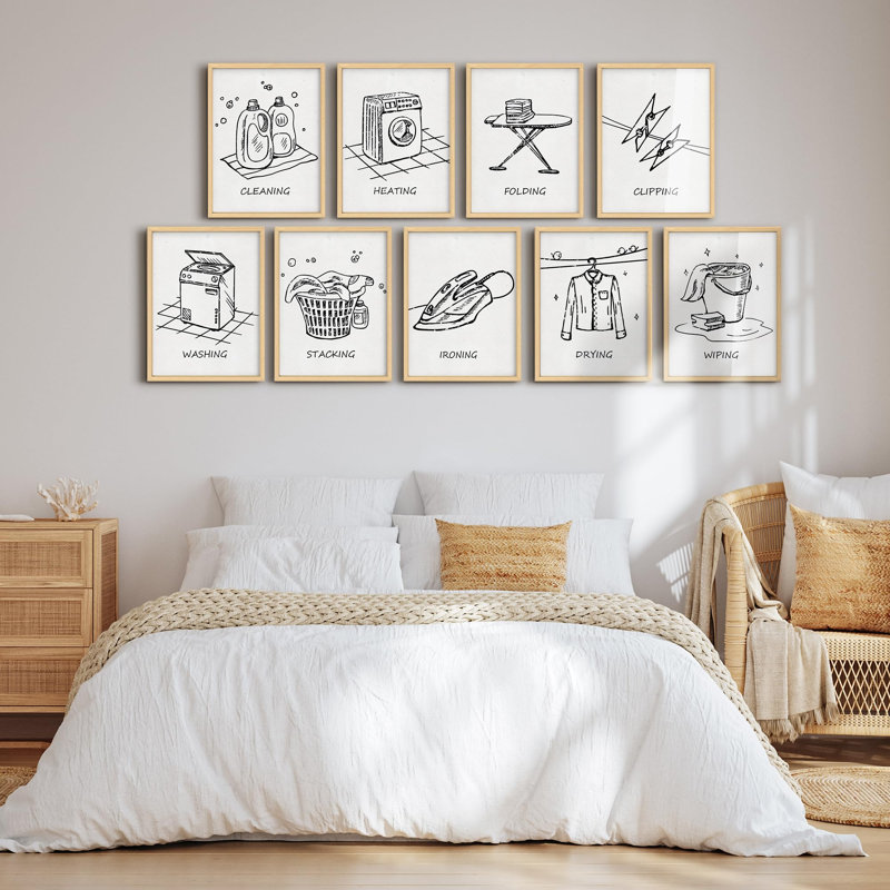 Art mural encadré, ensemble de galerie, collage, nettoyage, nettoyage, tableau de personnes, typographie, art moderne industriel noir et blanc pour chambre à coucher, salon, bureau - 11 po x 14 po x 9 po Naturel