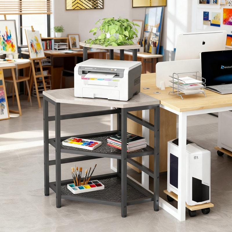 Corner Printer Stand With Power Outlet, USB Charging & LED Lights, Multi-Functional Storage Shelf For Home Office, Computer Tower CPU Holder, Space-Saving Design