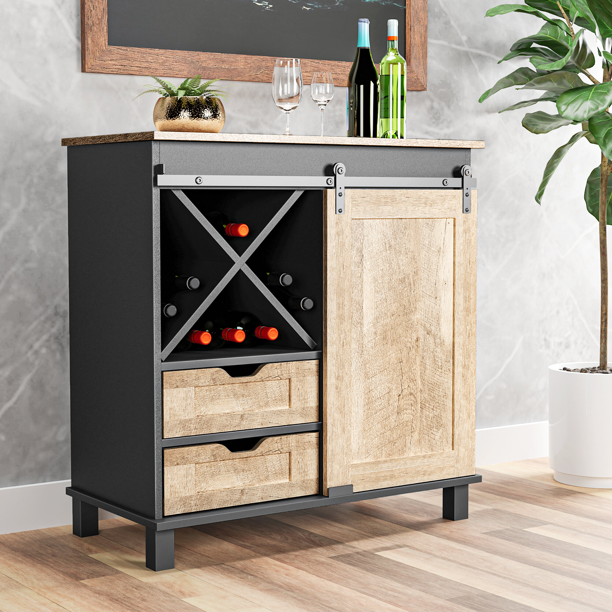 Laralee Industrial Wine Bar Cabinet For Liquor And Glasses, Wood With Wine  Rack Sideboard And Buffet Cabinet