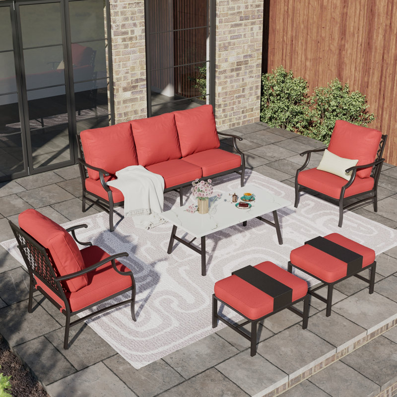 Asfand 5-7- Person Patio Conversation Set with Optional Ottoman, Red, Yes