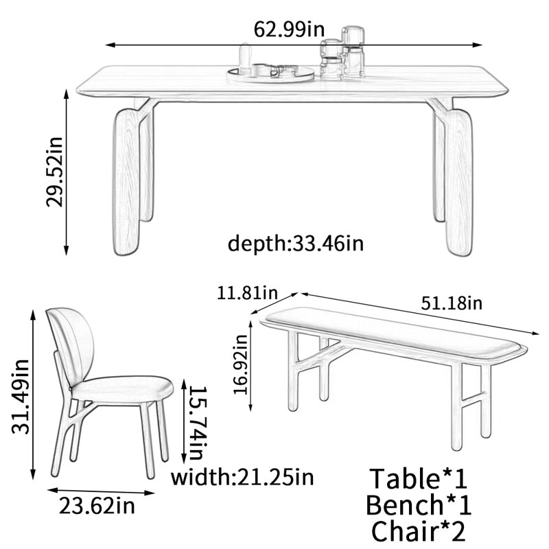 Ensemble de table de salle à manger en bois de cerisier Log Style, H 29,52 po x L 62,99 po x P 33,46 po