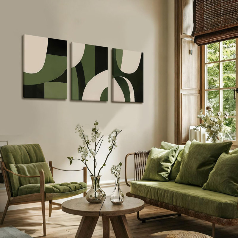 3-Pcs Abstract Geometric Canvas Wall Art in Green and Beige Line Artwork Paintings, 40cm H x 30cm W