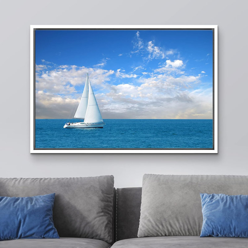 «Beautiful Seascape White Sail Boat On The Clear Blue Sea Sky» sur, Cadre blanc, H 24 po x l 36 po