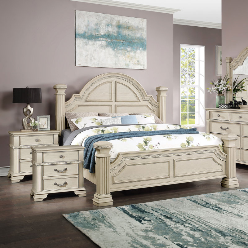 Adames Wood Bedroom Set with Bell-Shaped Headboard, Gray, King, 5 Pcs: Bed, 2 Nightstands, Dresser, Mirror