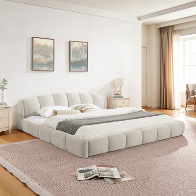 Très grande base de lit tapissier très grande taille en chenille, tête de lit épaisse courbée et pied de lit enveloppé, lit de plancher à profil bas, aucun sommier requis, assemblage facile