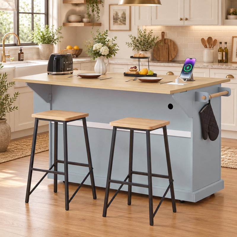 Îlot de cuisine mobile de style ferme moderne de 65 pouces avec abattant, armoire à poubelle inclinable et prise électrique