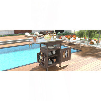 Chariot de barbecue extérieur de 40,5 po avec plateau en acier inoxydable, armoire de rangement d'extérieur en bois massif avec abattant, un tiroir, porte-serviettes, chariot de cuisine roulant avec roues verrouillables pour jardin gazonné