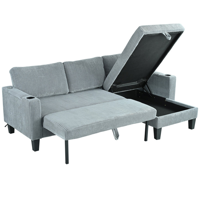 Canapé modulaire réversible avec méridienne de rangement, Velours côtelé gris
