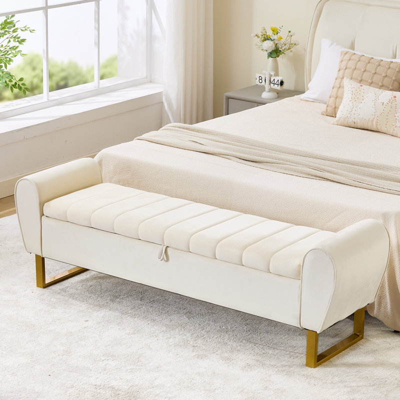 Banc de rangement rembourré en velours de 170 cm de large avec pieds dorés, Velours beige