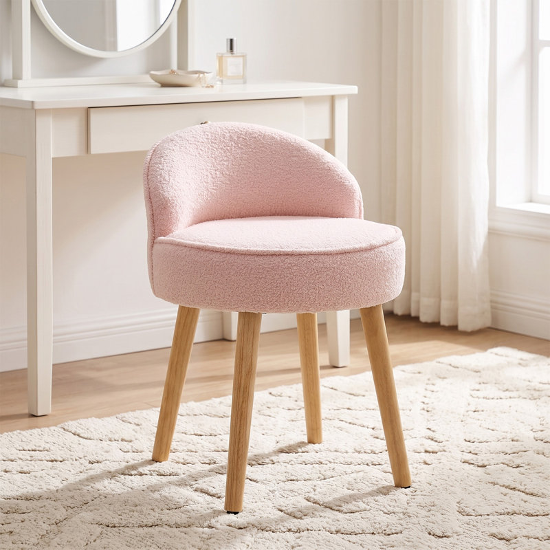 Upholstered Dressing Table Stool Vanity Stool with Rubberwood Legs, Pink, Teddy