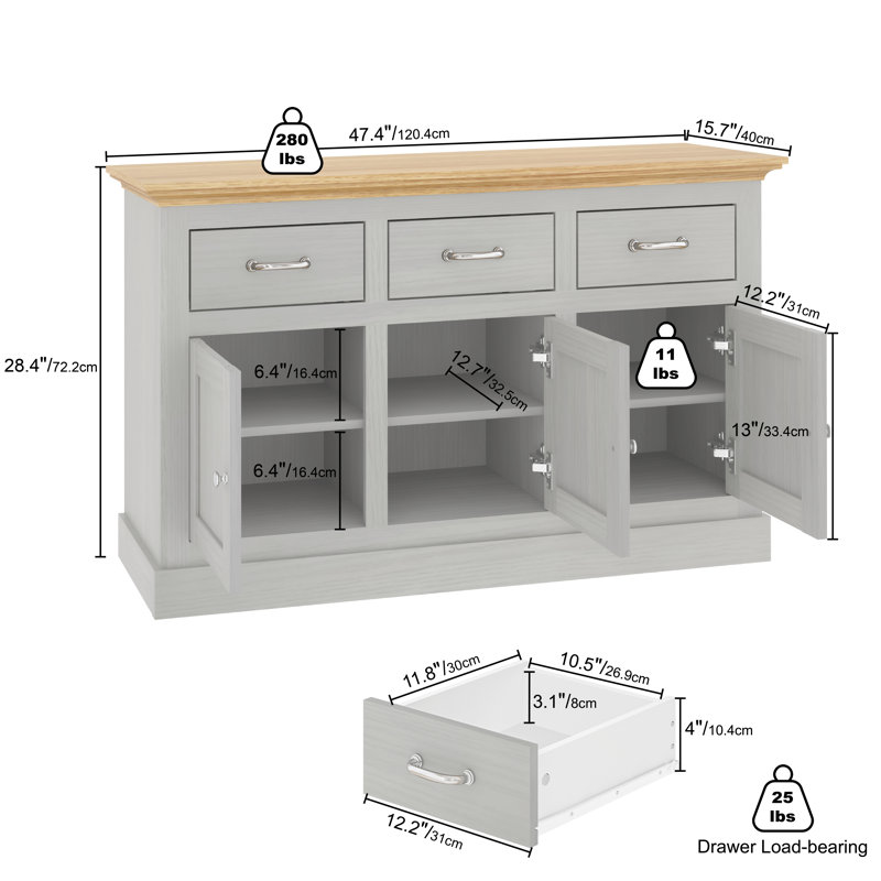 Ivison 47.4'' Wide Modern Sideboard Buffet with 3 Drawers, Adjustable Shelves