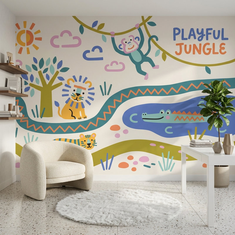 Décoration murale amovible fond blanc Jungle Vibe, Texturé non collé, 140 po x 108 po