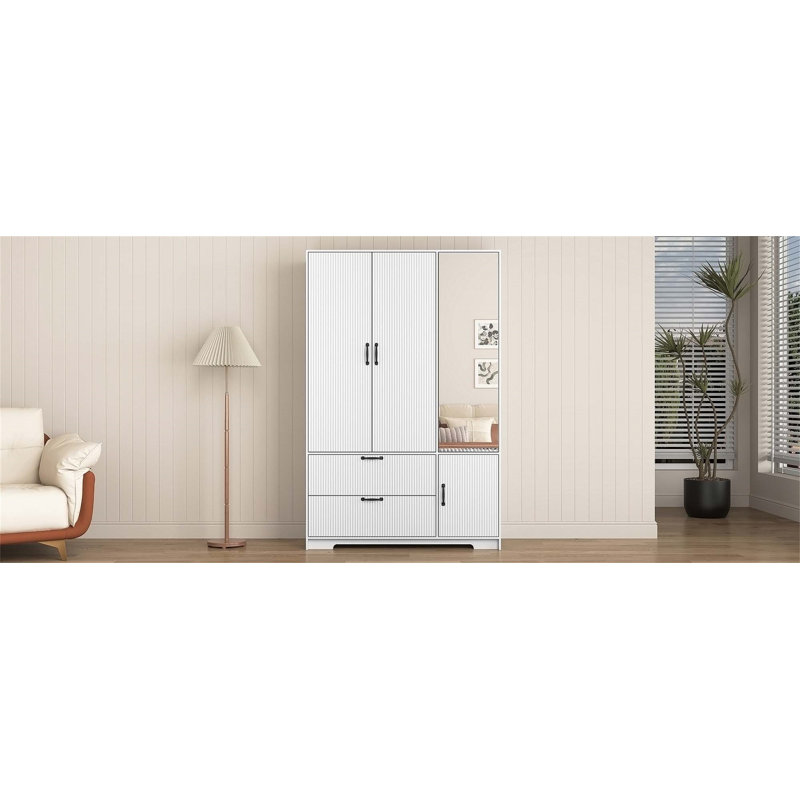 Garde-robe à 4 portes avec miroir et DEL, tablettes réglables et 2 tiroirs pour des solutions de rangement modernes, Blanc