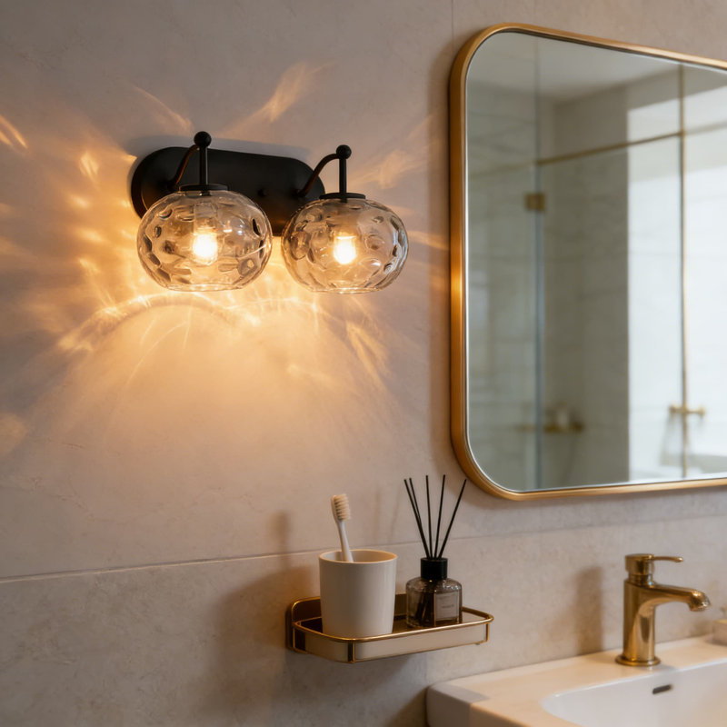 Applique murale moderne de style Mid-Century avec abat-jour en verre martelé fumé, lumière de meuble-lavabo noir mat à 2 lumières pour salle de bain sur miroir, salon, couloir et cage d'escalier
