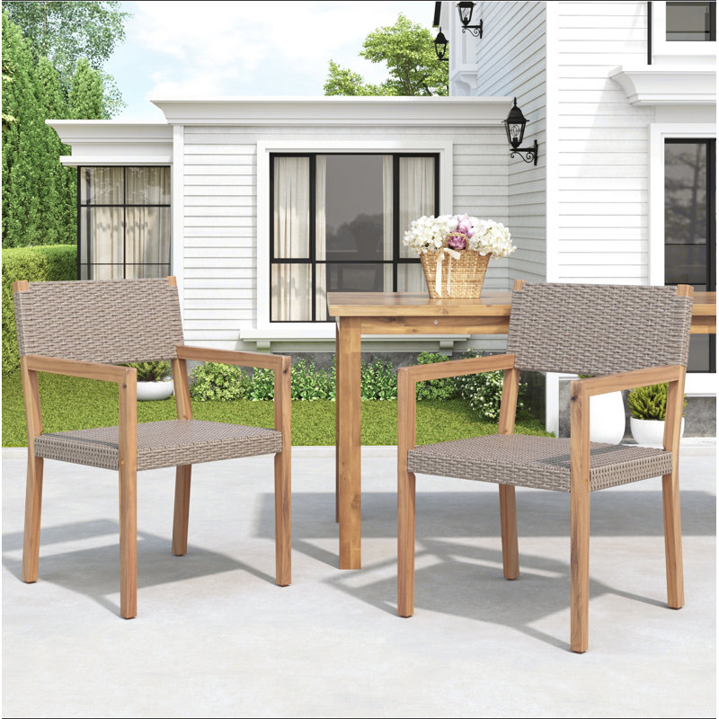 Ensemble de 2 chaises de salle à manger d'extérieur, structure en bois d'acacia teck clair et osier PE brun clair, idéal pour les patios et les jardins