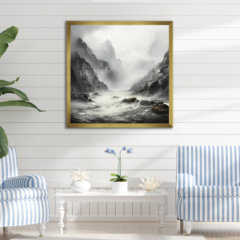 Rivière mystique en noir et blanc, Cadre doré simple, H 16 po x l 16 po x P 1 po