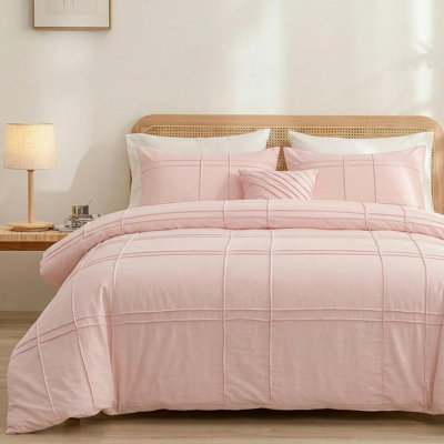 100% Cotton Pink King Size Duvet Cover Set - 3 Pieces Pintuck Pleated Duvet Cover, Soft Breathable Duvet Cover with Zipper Closure, Modern Minimalist Bedding Set