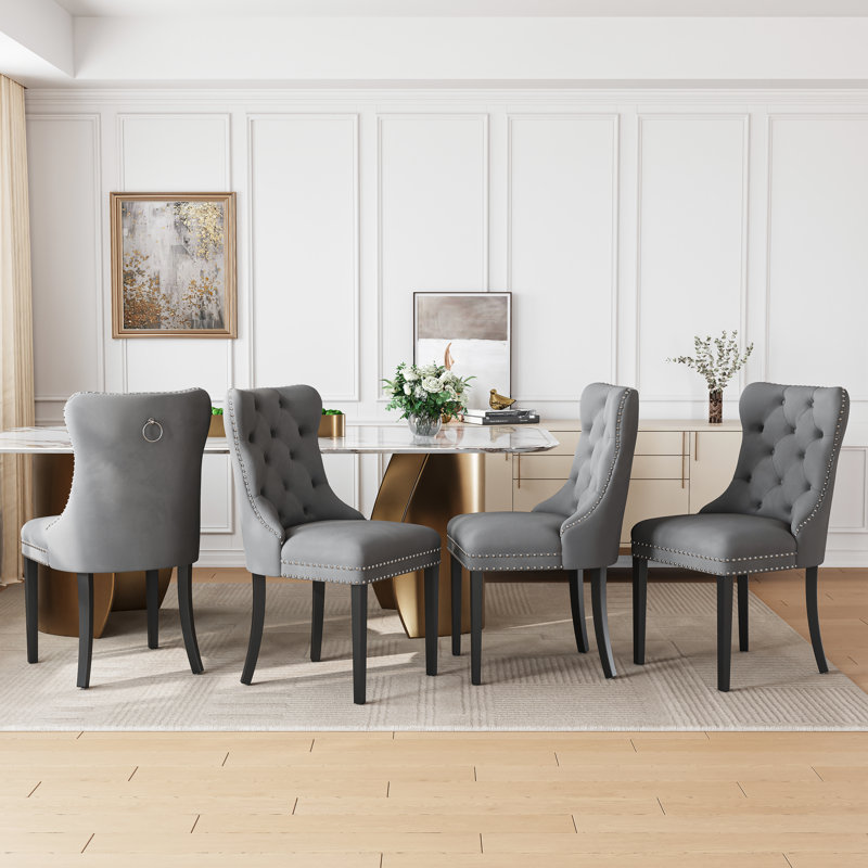 High-End Tufted Dining Chair Set, Velvet Upholstery With Nailhead Trim And Back Pull Ring, Solid Wood Legs, Gray, 8