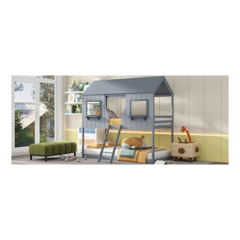 Lit superposé simple au-dessus d'un lit simple en bois avec toit, fenêtre, garde-corps et échelle, Gris