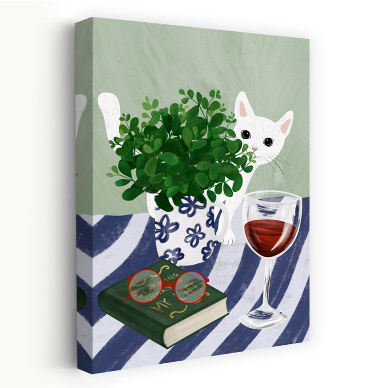 Cozy Cat, lecture, coin, chat, plante, art mural, H 36 po x l 24 po