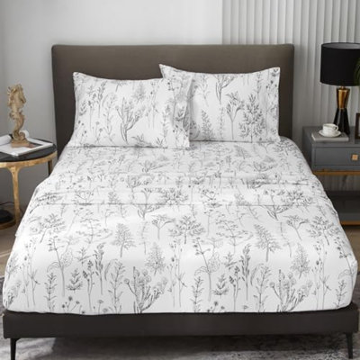 Ensembles de draps très grand californien, draps floraux à poches profondes pour matelas jusqu'à 18 pouces, draps en feuille noire et blanche à densité de tissage 1800, draps mignons et respirants, certifié Oeko-Tex.