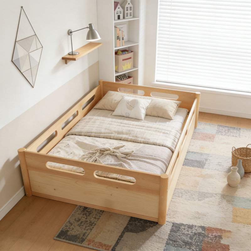 Floor Platform Bed with Full-length Guardrails, Naturel, Grand lit