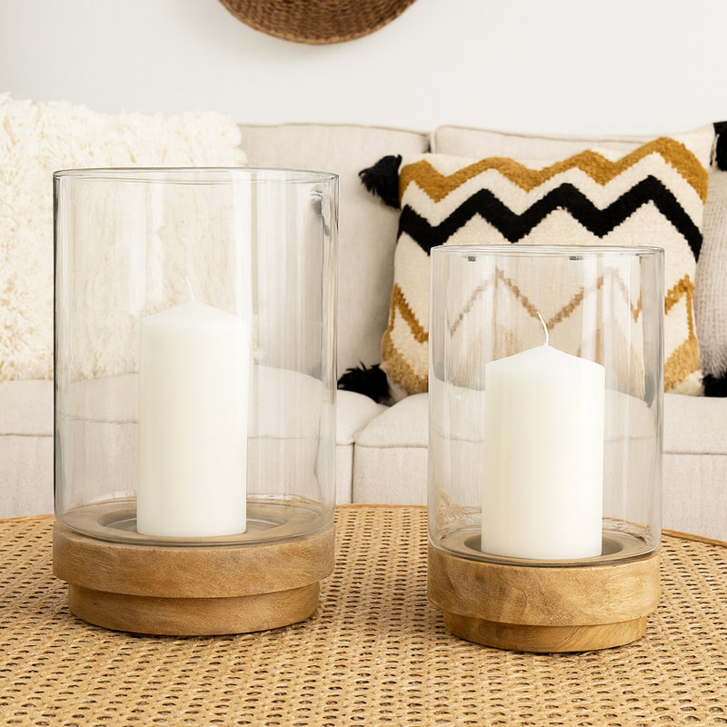 Sagebrook Home Iron and Glass Candle Holders on Mango Wood Base - Elegant Home Decor Essentials for Serenity, Brown/Clear