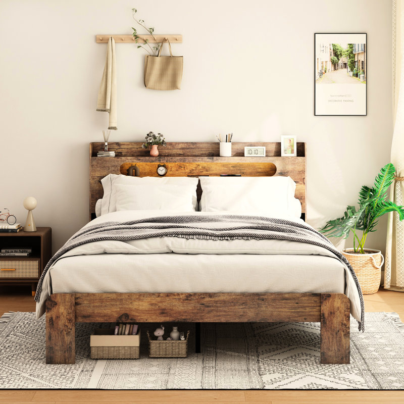 Très grande base de lit plateforme en bois avec tête de lit à DEL avec rangement, 2 fonctions silencieuses, pas de sommier tapissier, installation rapide, grande lueur sous l'espace, mode de fonctionnement silencieux, assemblage facile