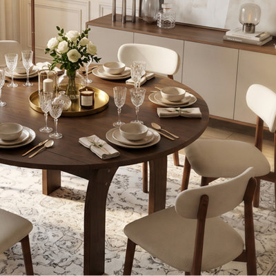 Table de salle à manger extensible en bois massif de 130 cm (51,2 po), fini noyer. Table de cuisine ovale convertible en table ronde avec abattants, pieds robustes en forme d'arche, style campagnard, idéale pour les petits espaces, montage facile.