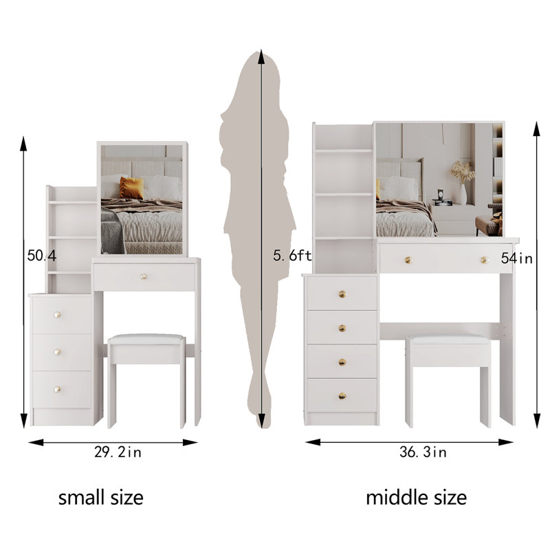 29.2" Small Space Left Bedside Cabinet Vanity Table + Cushioned Stool, Extra Large Right Sliding Mirror, Multi Layer High Capacity Storage, Practical Fashionable Dresser, Suitable For Small Space