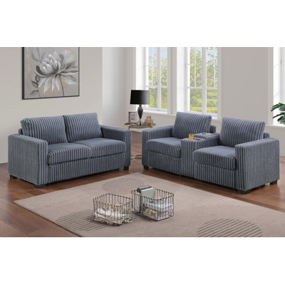 Ensemble de canapé 2 pièces de style moderne 1X Canapé 1X Causeuse Coussin de dossier à pieds en plastique Porte-gobelets Port de charge Revêtement en velours côtelé gris foncé Salon principal