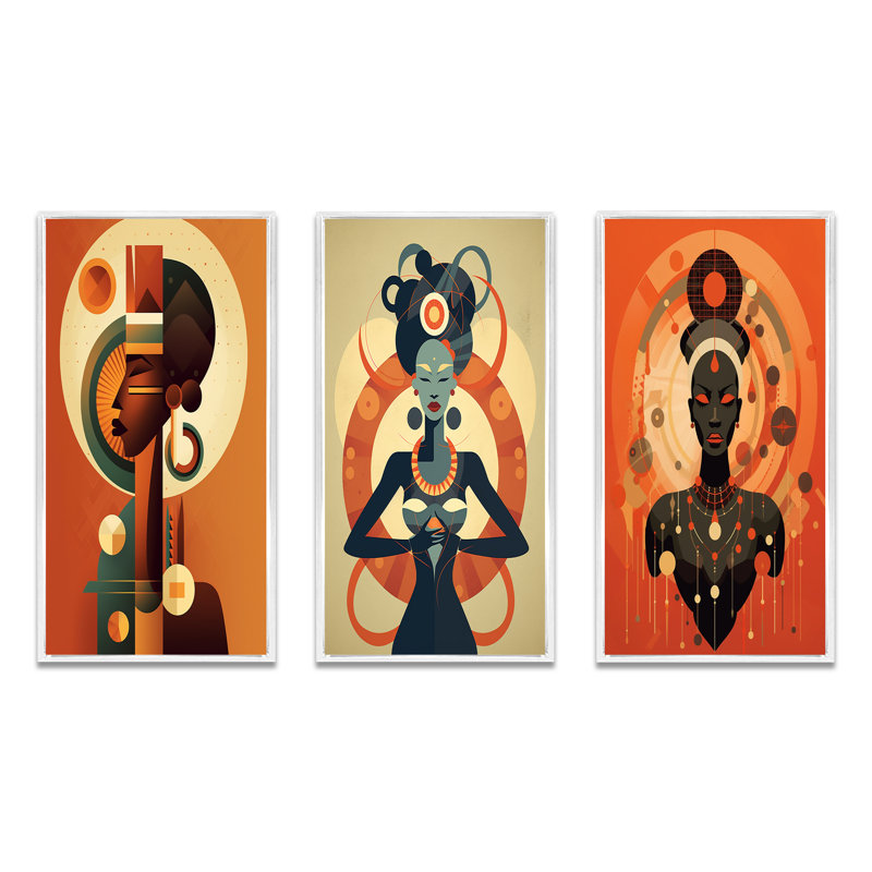 African Tribal Goddess Graphic Illustration I - Abstract Portraits Art Set Of 3 Pieces, Cadre blanc, H 32 po x l 48 po
