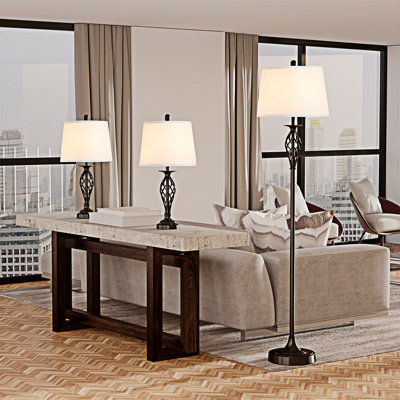 Ensemble de 3 lampes de table et sur pied avec abat-jour en tissu tissé élégant