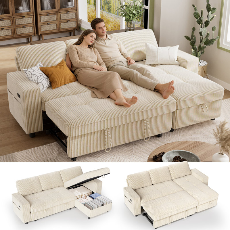 Multifunctional Sectional Sleeper Sofa With Usb/Type-C Charging, 5-Position Recline, Tool-Free Assembly, Corduroy Fabric With Washable Covers-L Shape Sofa