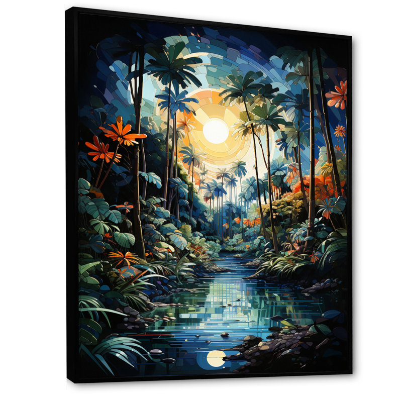 Xaviar Green Palm Trees Pointillism III sur toile, H 32 po x l 16 po x P 1 po, Cadre flottant noir