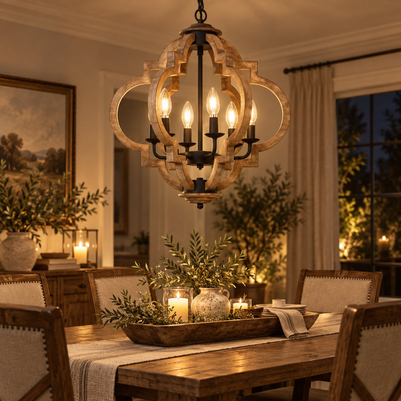 Lustre 6 lumières en bois de ferme