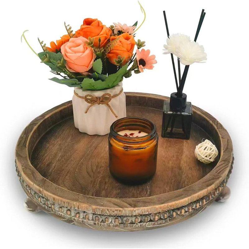 Round Wooden Decorative Tray, Beaded Tray For Coffee Table, Kitchen, And Home Decor