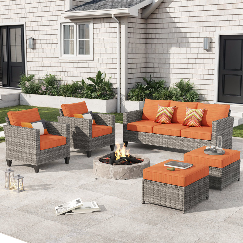 Dzion 5 - Person Patio Conversation Set with Cushions, Orange Red, No