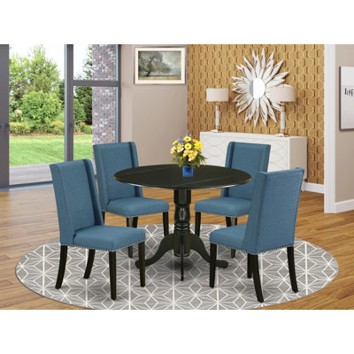 L'ensemble de table de cuisine 5 pièces pour 4 personnes comprend une table ronde avec Dropleaf et 4 chaises de salle à manger Parson en tissu bleu, noir