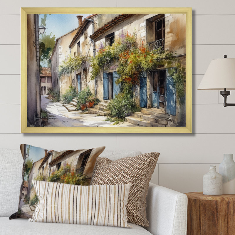 Riata, village méditerranéen, rue V - Paysage, art mural chalet, Cadre doré, H 30 po x l 40 po x P 1,5 po