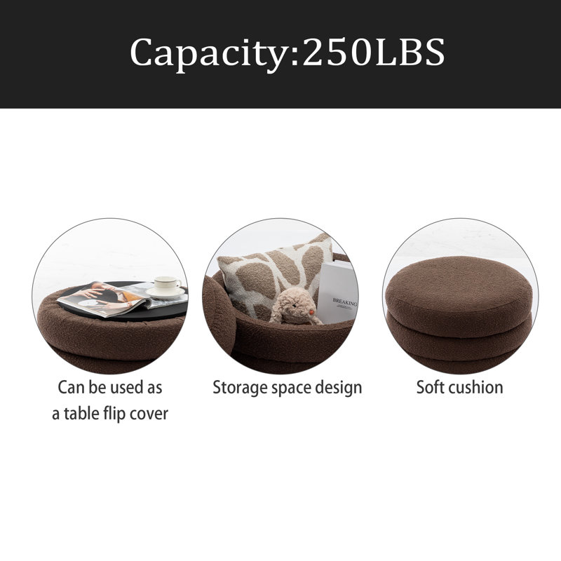Repose-pieds rond avec rangement en tissu, Bouclette brune