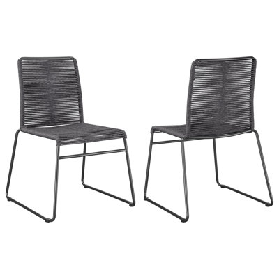 Of 2 Charcoal Side Chairs With Woven Rope And Metal Sled Base, Contemporary Style For Dining Room Use, 23.57 Inches Depth Deep Stackable Chairs, Solid Back Frame, Modern Look Areas, 34.5 High