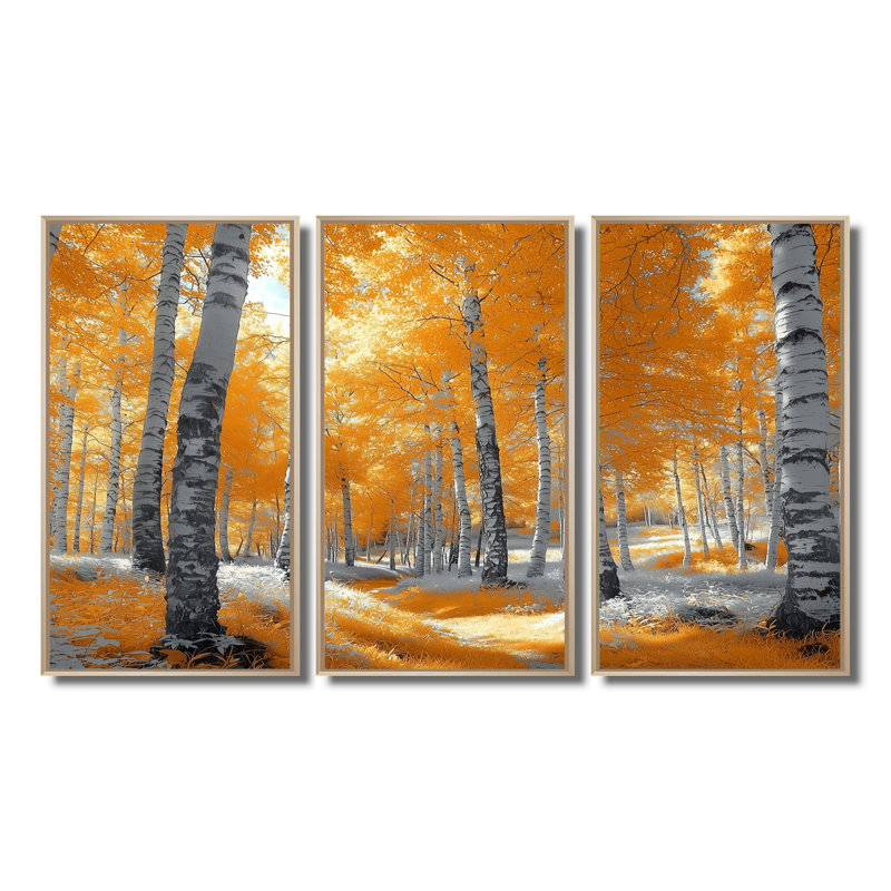 «Autumn Birch Trees Forest Path Panorama II», ensemble de reproduction d'art mural forêt, Toile naturelle avec cadre flottant
