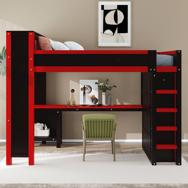 Lit mezzanine avec bureau et garde-robe, tête de lit avec rangement et station de charge, lit mezzanine en bois avec lattes solides et garde-corps