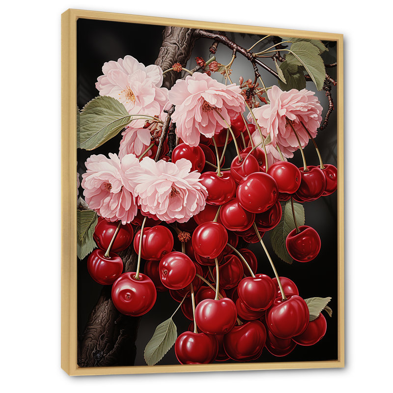 Red Cherry Fruit Beauty I - Art mural cerise, Cadre flottant brun, H 40 po x l 30 po x P 1,5 po